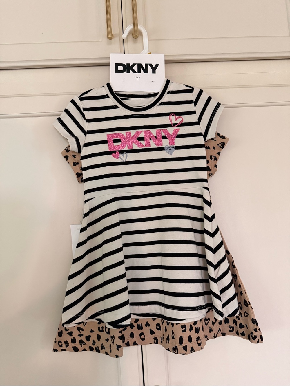 DKNY Designer Dress Set, 2 Dresses: Leopard Print & Pink Glitter Stripe, NWT, 3T